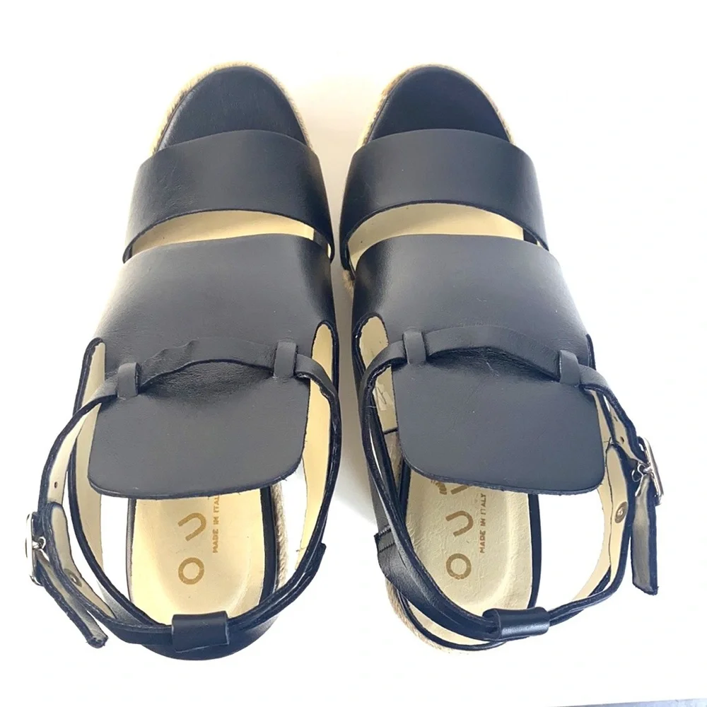 Ouigal Anthropologie Leather Woven Straw Platform Wedge Sandals